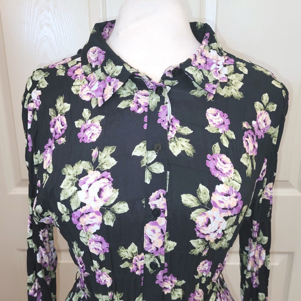 Zara Black Floral Button Down Belt Countrycore Prairie Boho Maxi Shirt Dress L - Picture 3 of 11
